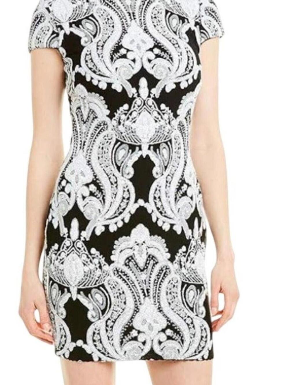 Dress the Population Tabitha Sequin Mini Dress M Black White Open Back Cocktail